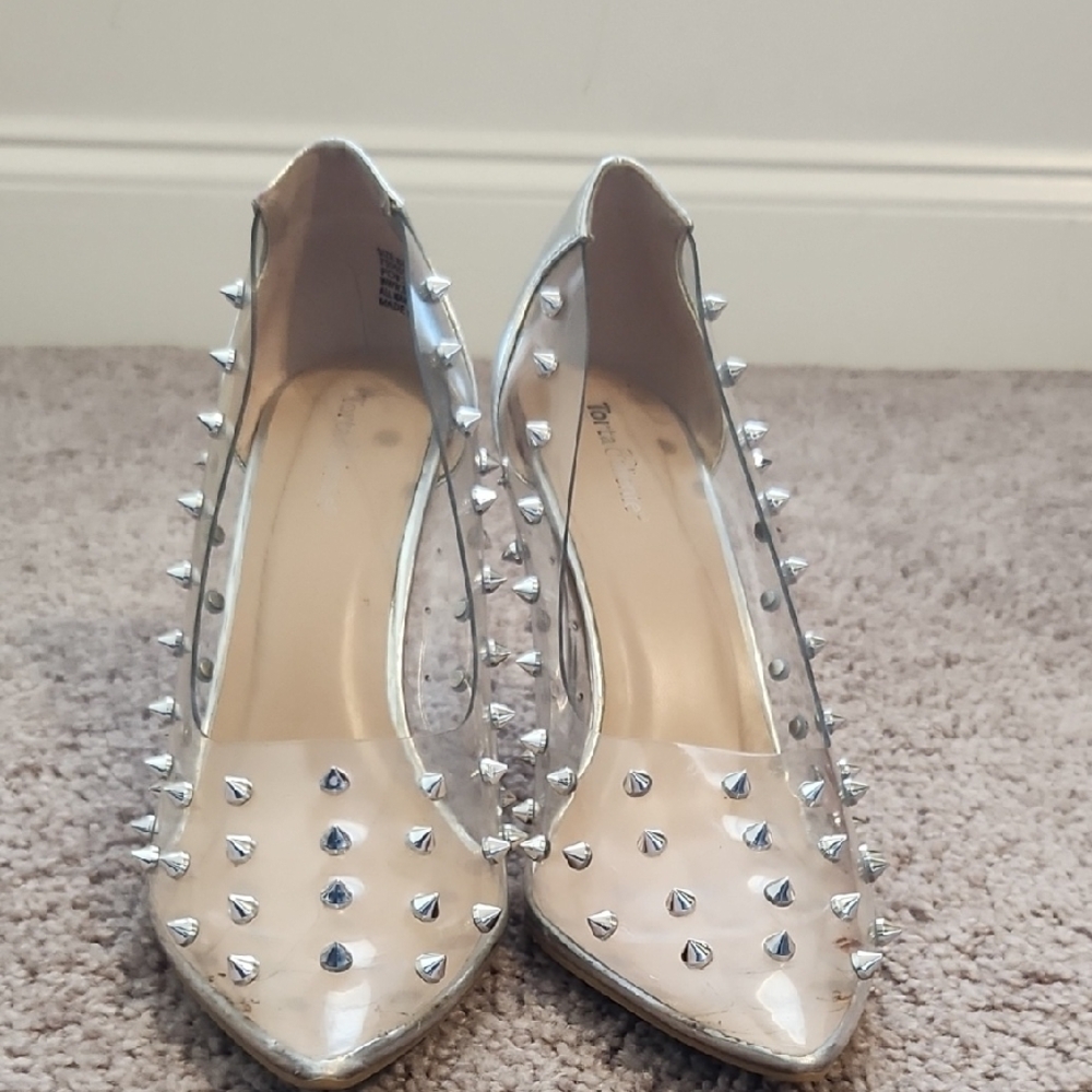 Silver High Heels with Studded Design and Pointed Toe
